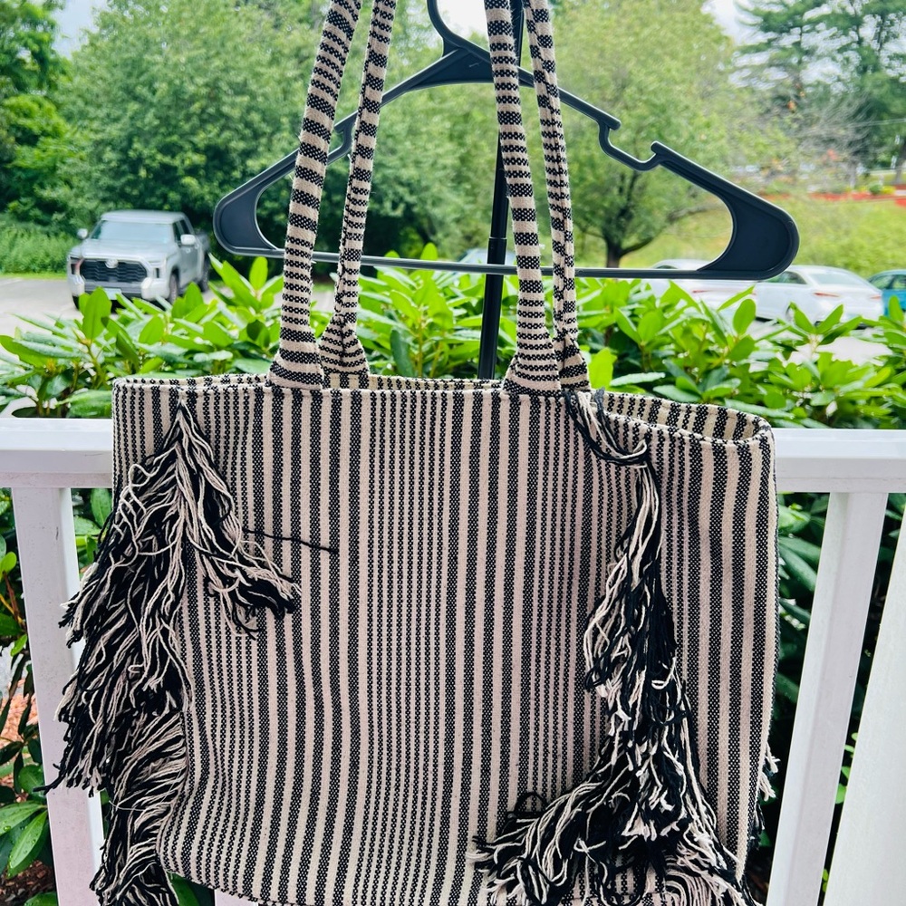 Black and White Striped Tote with Tassel Details